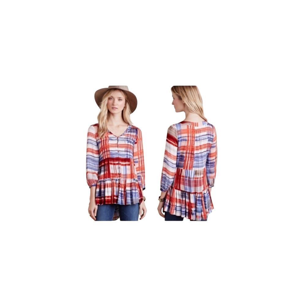Anthropologie Maeve Women’s Lila Plaid Button Down Ruffle Blouse Large
